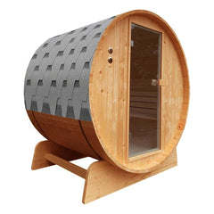 8 Person 9 kw Outdoor Rustic Cedar Barrel Steam Sauna with Bitumen Shingle Roofing by Aleko