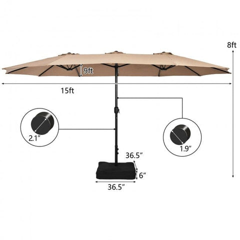 15 Feet Double-Sided Twin Patio Umbrella with Crank and Base Coffee in Outdoor Market SKU# 72630198