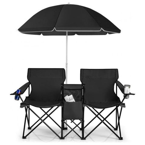 Costway Chairs Black Portable Folding Picnic Double Chair With Umbrella by Costway 781880250432 24870591-Black Portable Folding Picnic Double Chair With Umbrella by Costway 24870591
