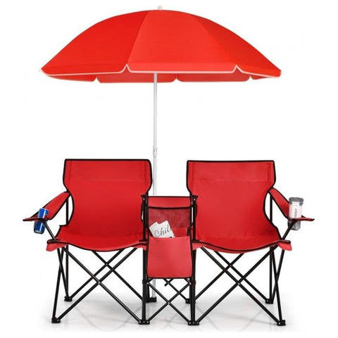 Costway Chairs Red Portable Folding Picnic Double Chair With Umbrella by Costway 781880250449 24870591-Red Portable Folding Picnic Double Chair With Umbrella by Costway 24870591