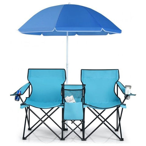 Costway Chairs Turquoise Portable Folding Picnic Double Chair With Umbrella by Costway 781880250425 24870591-Turquoise Portable Folding Picnic Double Chair With Umbrella by Costway 24870591