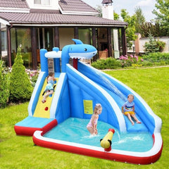 4-in-1 Inflatable Water Slide Park with Long Slide and 735W Blower by Costway