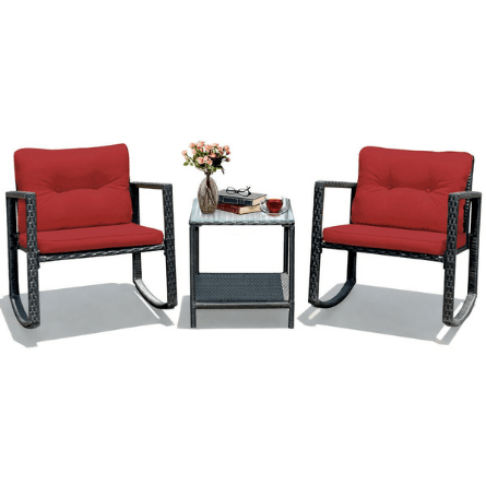 Costway Outdoor Furniture 3 Pcs Cushioned Patio Rattan Set with Rocking Chair and Table by Costway 781880217220 63109458 3 Pcs Cushioned Patio Rattan Set with Rocking Chair and Table  Costway