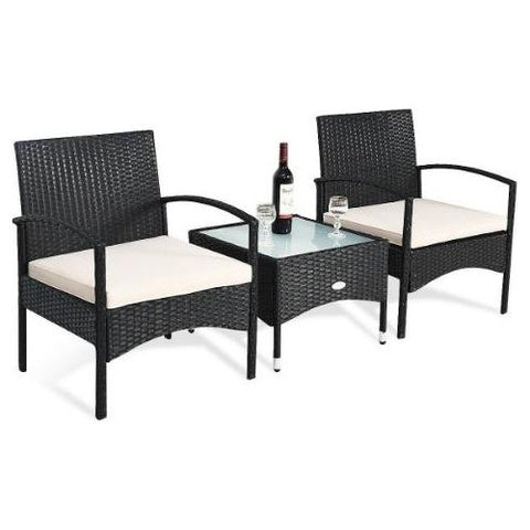 3 Pcs Patio Wicker Rattan Furniture Set with White Cushion by Costway