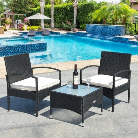 3 Pcs Patio Wicker Rattan Furniture Set with White Cushion by Costway