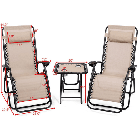 Costway Outdoor Furniture 3 Pieces Folding Portable Zero Gravity Reclining Lounge Chairs Table Set by Costway 3 Pcs Folding Portable Zero Gravity Reclining Lounge Chairs Table Set