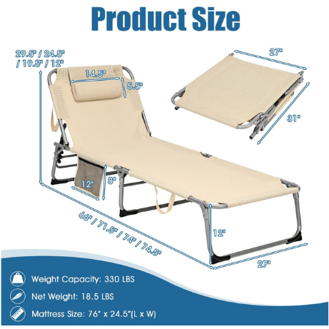 Costway Outdoor Furniture 4-Fold Oversize Padded Folding Lounge Chair with Removable Soft Mattress by Costway 781880212768 96325708 4-Fold Oversize Padded Folding Lounge Chair Removable Mattress Costway