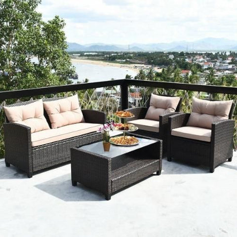 Costway Outdoor Furniture 4 Pcs Outdoor Rattan Armrest Furniture Set Table with Lower Shelf by Costway 7461758774354 89523047