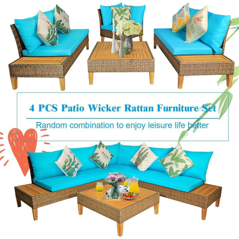 Costway Outdoor Furniture 4 PCS Patio Rattan Furniture Set with Wooden Side Table by Costway