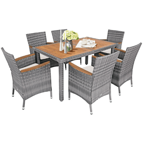 Costway Outdoor Furniture 7 Pieces Patio Acacia Wood Cushioned Rattan Dining Set by Costway 781880217381 83291670