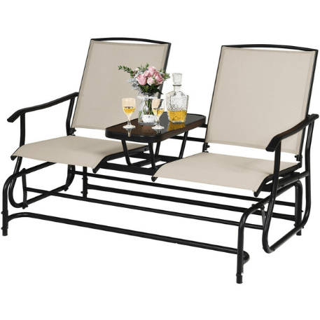 Costway Outdoor Furniture Beige 2-Person Double Rocking Loveseat with Mesh Fabric and Center Tempered Glass Table by Costway 10985624 2-Person Rocking Loveseat Fabric Center Tempered Glass Table by Costway