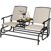 Image of Costway Outdoor Furniture Beige 2-Person Double Rocking Loveseat with Mesh Fabric and Center Tempered Glass Table by Costway 10985624 2-Person Rocking Loveseat Fabric Center Tempered Glass Table by Costway