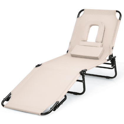 Costway Outdoor Furniture Beige Outdoor Folding Chaise Beach Pool Patio Lounge Chair Bed with Adjustable Back and Hole by Costway 05982317 Chaise Beach Pool Patio Lounge Chair Bed with Adjustable by Costway