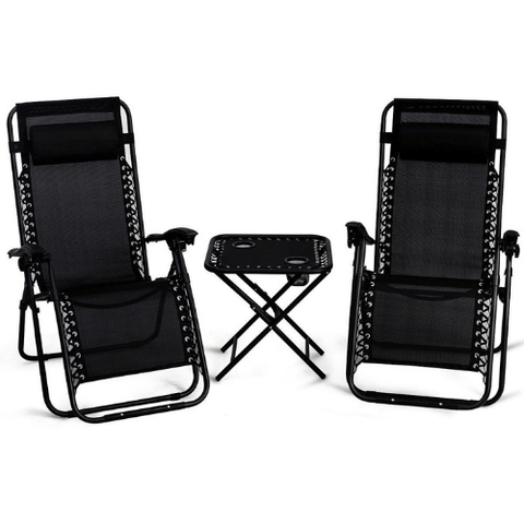 Costway Outdoor Furniture Black 3 Pieces Folding Portable Zero Gravity Reclining Lounge Chairs Table Set by Costway 781880211853 19632874-black 3 Pcs Folding Portable Zero Gravity Reclining Lounge Chairs Table Set