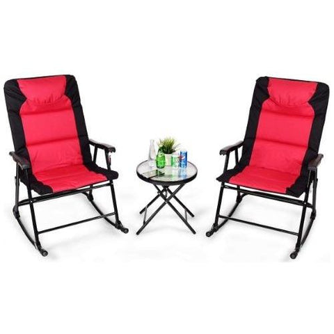 Costway Outdoor Furniture Black & Red 3 Pcs Outdoor Folding Rocking Chair Table Set with Cushion By Costway