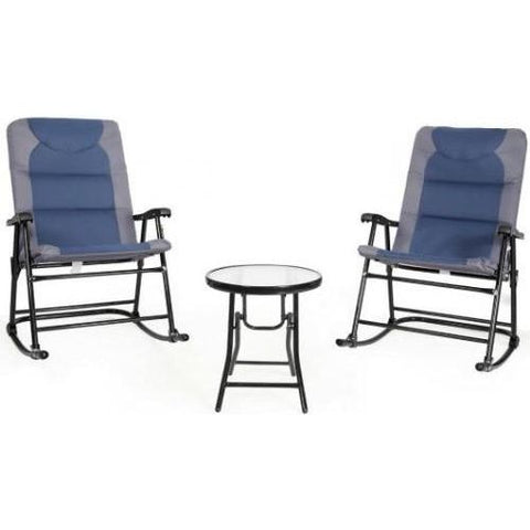 Costway Outdoor Furniture Blue 3 Pcs Outdoor Folding Rocking Chair Table Set with Cushion By Costway