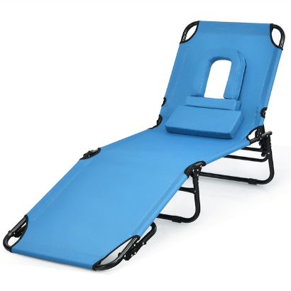 Costway Outdoor Furniture Blue Outdoor Folding Chaise Beach Pool Patio Lounge Chair Bed with Adjustable Back and Hole by Costway 05982317 Chaise Beach Pool Patio Lounge Chair Bed with Adjustable by Costway