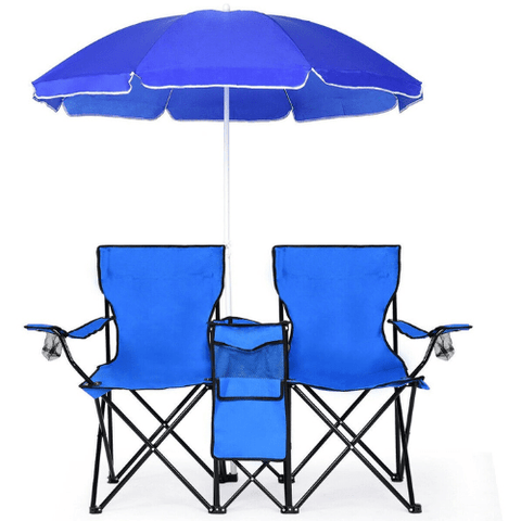 Costway Outdoor Furniture Blue Portable Folding Picnic Double Chair With Umbrella by Costway 24870591- B Portable Folding Picnic Double Chair With Umbrella by Costway 24870591