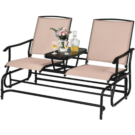 Costway Outdoor Furniture Brown 2-Person Double Rocking Loveseat with Mesh Fabric and Center Tempered Glass Table by Costway 10985624 2-Person Rocking Loveseat Fabric Center Tempered Glass Table by Costway