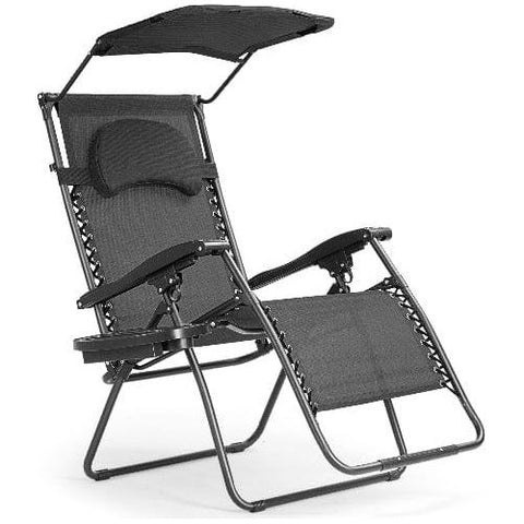 BLACK Folding Recliner Lounge Chair with Shade Canopy Cup Holder SKU: 19826035