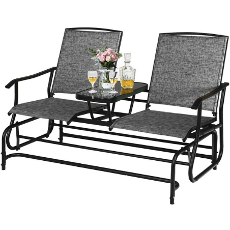 Costway Outdoor Furniture Gray 2-Person Double Rocking Loveseat with Mesh Fabric and Center Tempered Glass Table by Costway 10985624 2-Person Rocking Loveseat Fabric Center Tempered Glass Table by Costway