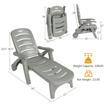 Costway Outdoor Furniture Gray 5 Position Adjustable Folding Lounger Chaise Chair on Wheels by Costway 07652490