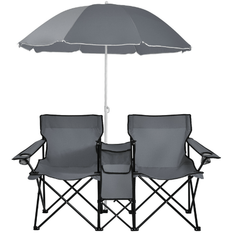 Costway Outdoor Furniture Gray Portable Folding Picnic Double Chair With Umbrella by Costway 24870591- G Portable Folding Picnic Double Chair With Umbrella by Costway 24870591