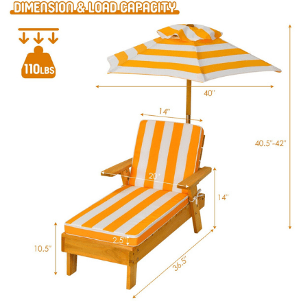 Costway Outdoor Furniture Kids Outdoor Wood Lounge Chair with Height Adjustable Umbrella by Costway 781880212713 42810736 Kids Outdoor Wood Lounge Chair with Height Adjustable Umbrella Costway