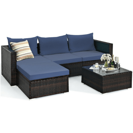 Costway Outdoor Furniture Navy 5 Pcs Patio Rattan Sectional Furniture Set with Cushions and Coffee Table By Costway 781880282419 01856240 5 Pcs Patio Rattan Sectional Furniture Cushions Coffee Table Costway