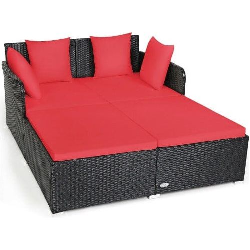 Outdoor Patio Rattan Daybed Thick Pillows Cushioned Sofa Furniture by Costway, Red