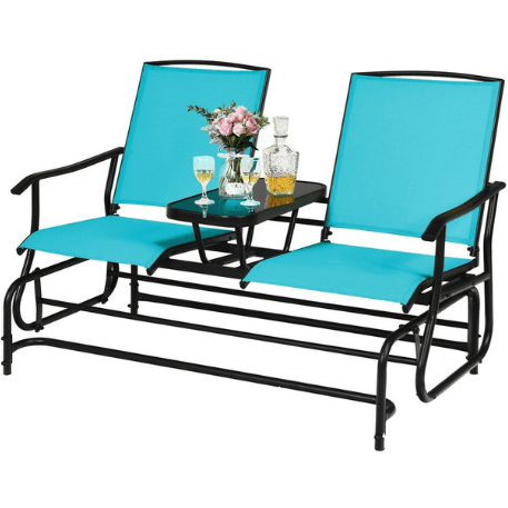 Costway Outdoor Furniture Turquoise 2-Person Double Rocking Loveseat with Mesh Fabric and Center Tempered Glass Table by Costway 10985624 2-Person Rocking Loveseat Fabric Center Tempered Glass Table by Costway