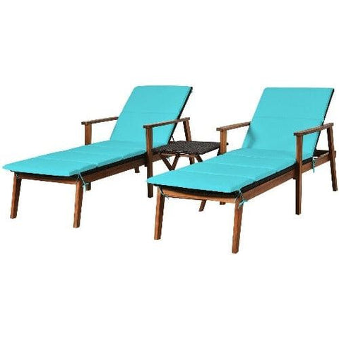 Costway Outdoor Furniture Turquoise 3 Pcs Portable Patio Cushioned Rattan Lounge Chair Set with Folding Table by Costway 6499854823424 04571362-T