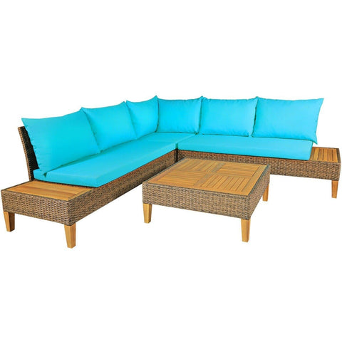 Costway Outdoor Furniture Turquoise 4 PCS Patio Rattan Furniture Set with Wooden Side Table by Costway 993314779376 96721503-T