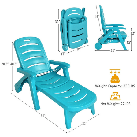 Costway Outdoor Furniture Turquoise 5 Position Adjustable Folding Lounger Chaise Chair on Wheels by Costway 07652491