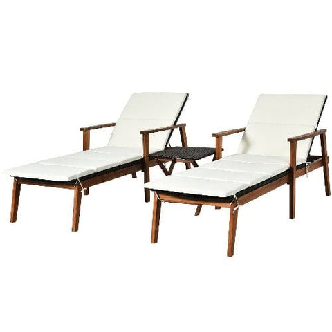 Costway Outdoor Furniture White 3 Pcs Portable Patio Cushioned Rattan Lounge Chair Set with Folding Table by Costway 6499854379532 04571362-W