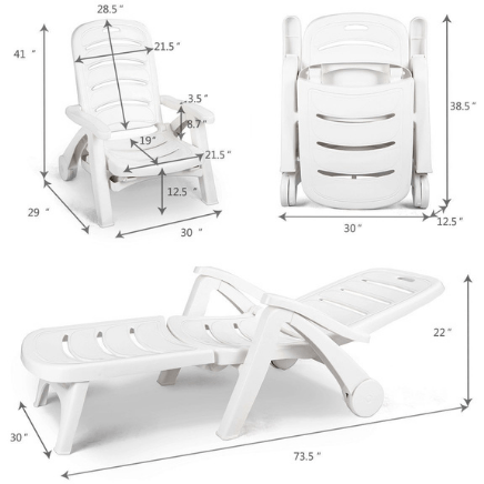 Costway Outdoor Furniture White 5 Position Adjustable Folding Lounger Chaise Chair on Wheels by Costway 07652492