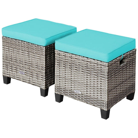 Costway Outdoor Sofas Turquoise 2 Pieces Patio Rattan Ottoman Seat with Removable Cushions by Costway 781880299554 37201946-Turquoise 2 Pieces Patio Rattan Ottoman Seat Removable Cushions Costway 37201946