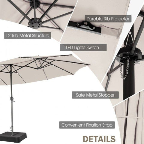 Costway Outdoor Umbrella Bases 15 Feet Twin Patio Umbrella with 48 Solar LED Lights by Costway