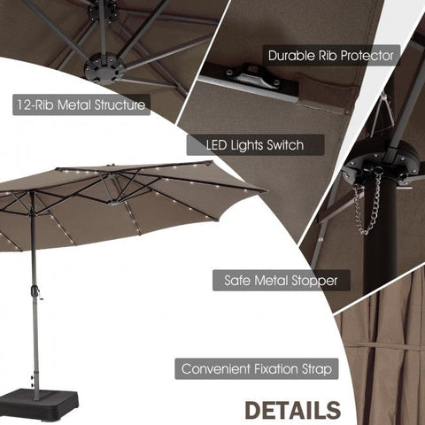 Costway Outdoor Umbrella Bases 15 Feet Twin Patio Umbrella with 48 Solar LED Lights by Costway