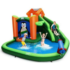 Inflatable Water Park Bouncer with Climbing Wall Splash Pool Water Cannon by Costway