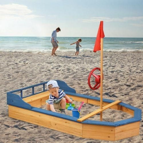 Costway Swings & Playsets Wooden Pirate Sandboat Covered Sandboxes w/Bench Seat by Costway 0796914883128 48172569