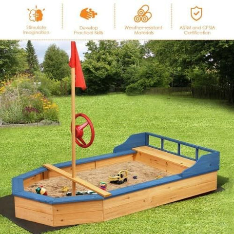 Costway Swings & Playsets Wooden Pirate Sandboat Covered Sandboxes w/Bench Seat by Costway 0796914883128 48172569