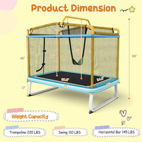 Costway Trampolines 6 Feet Rectangle Trampoline with Swing Horizontal Bar and Safety Net by Costway 96732841 6 Feet Rectangle Trampoline with Swing Horizontal Bar and Safety Net