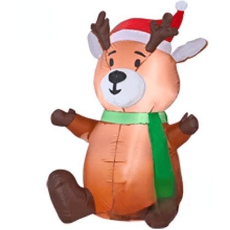 Gemmy Inflatables Christmas Inflatables 3 1/2' Baby Reindeer Wearing Santa Hat by Gemmy Inflatables 7' Snowman Green Mittens and Red Scarf w/ Top Hat by Gemmy Inflatables