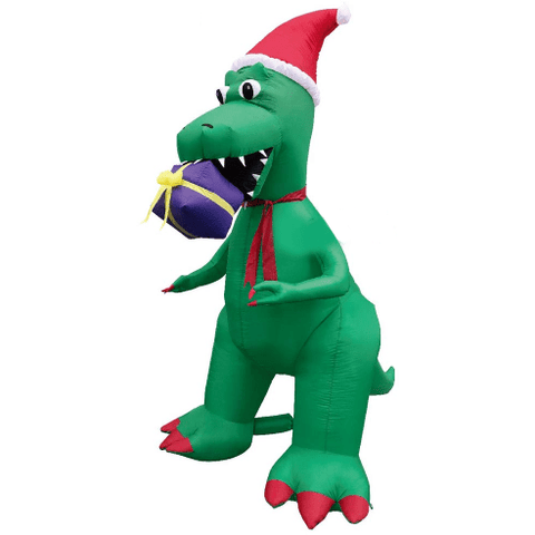Gemmy Inflatables Christmas Inflatables 7' Green T-Rex Biting a Present w/ Santa Hat by Gemmy Inflatables Y1538 7' Green T-Rex Biting a Present w/ Santa Hat by Gemmy Inflatables SKU# Y1538