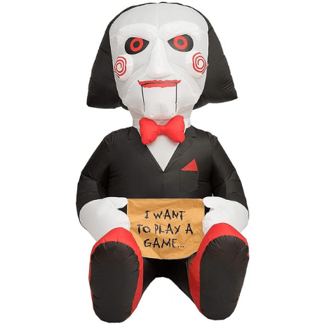 Gemmy Inflatables Christmas Inflatables 7' Halloween Jigsaw Billy Holding "I Want To Play A Game" Sign by Gemmy Inflatables 10 1/2'  Inflatable Santa Claus Bowling Scene  by Gemmy Inflatables