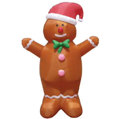 Gemmy Inflatables Christmas Inflatables 7' Inflatable Gingerbread Man Wearing Santa Hat and Green Bow Tie by Gemmy Inflatables Y1316 7' Inflatable Gingerbread Man Wearing Santa Hat and Green Bow Tie by Gemmy Inflatables SKU# Y1316