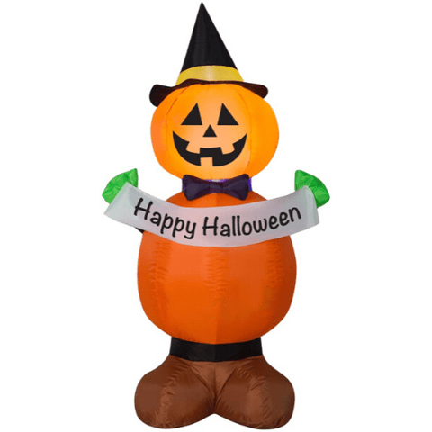 Gemmy Inflatables Halloween Inflatables 4' Airblown Inflatable Jack Stack Pumpkin Witch Holding "Happy Halloween" Banner by Gemmy Inflatables 75061 4' Airblown Inflatable Jack Stack Pumpkin Witch Holding "Happy Halloween" Banner by Gemmy Inflatables SKU# 75061