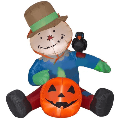 4' Scarecrow With A Crow On His Shoulder Sitting With A Pumpkin SKU: 1022309-220622 