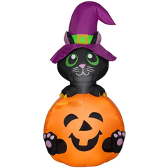 Gemmy Inflatables Halloween Inflatables 5 1/2' Halloween Cat Wearing A Witches Hat Holding A Pumpkin by Gemmy Inflatable 225274 5 1/2' Halloween Cat Wearing Witches Hat Holding A Pumpkin SKU#225274